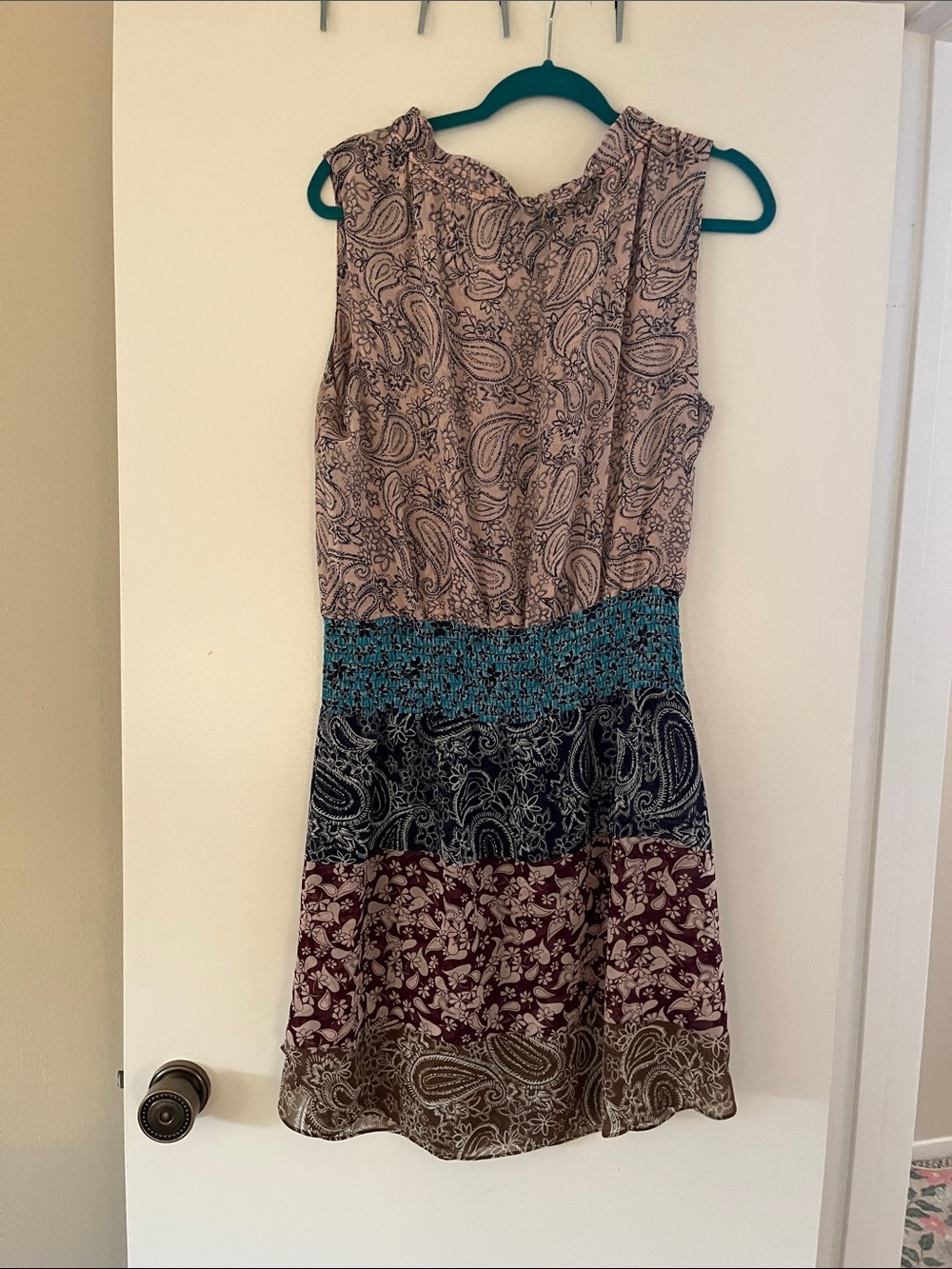 CAbi Sleeveless Tiered Paisley Midi Dress in Mauve, Teal, Navy, Burgundy - Picture 3 of 4
